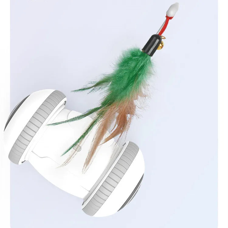 Interactive cat toy with interchangeable heads automatic robotic toy with feather accessory in white and grey ABS plastic