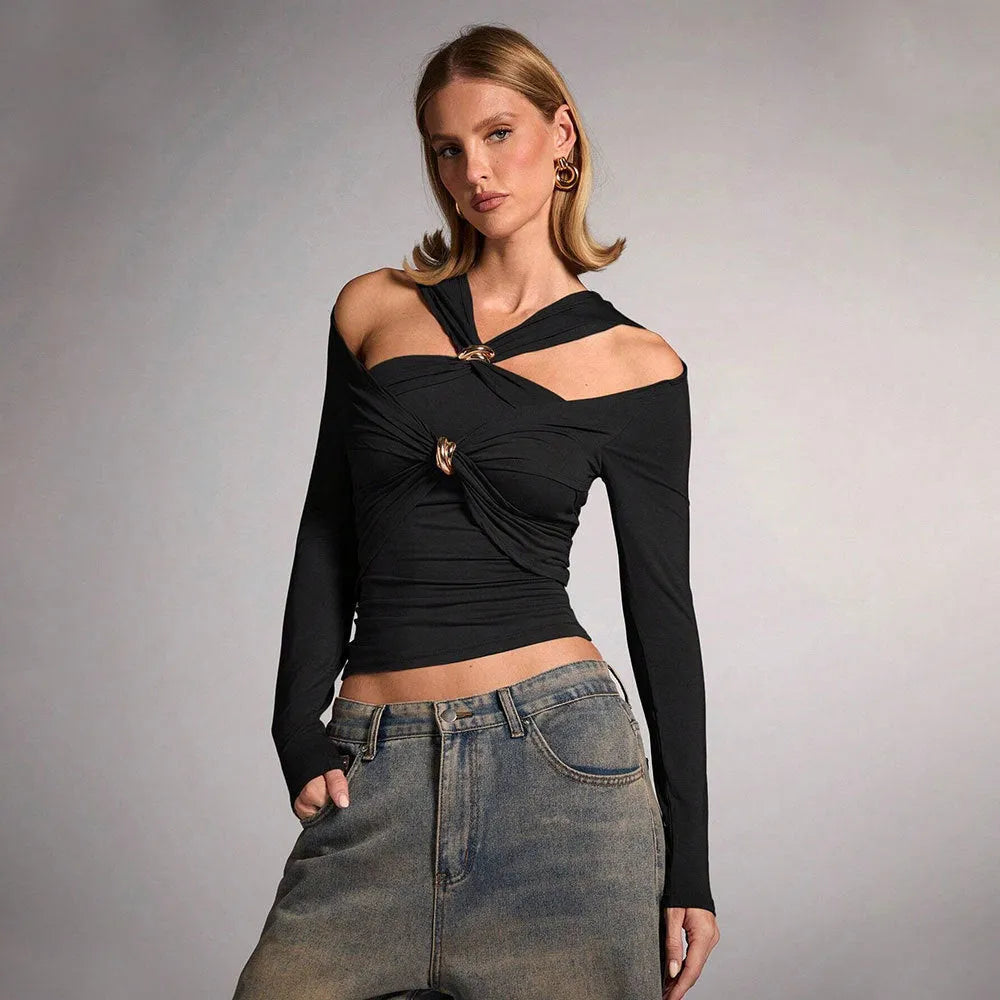Black women's halter top with strapless neckline and long sleeves