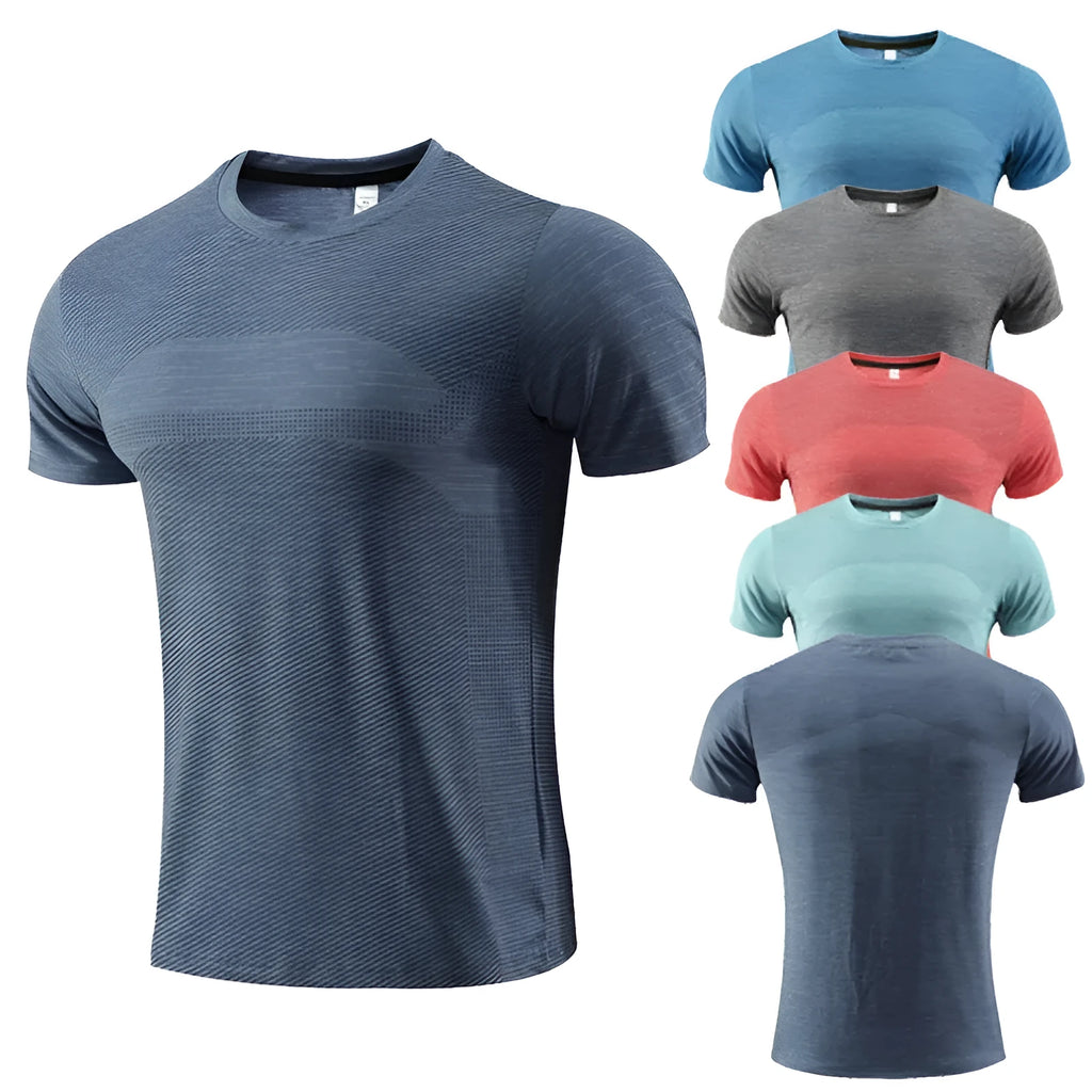 Short sleeve running T-shirt in polyester spandex fabric, available in red, black, and blue colours.