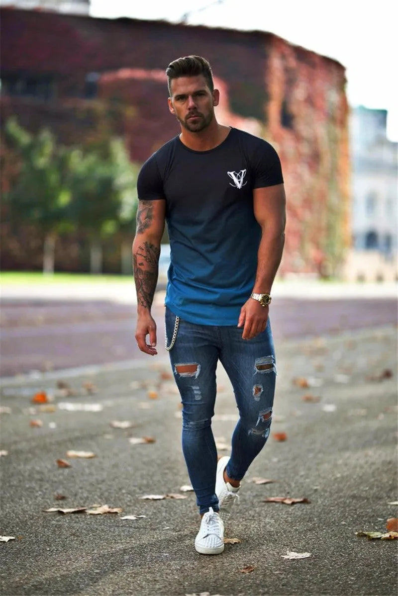 Men's 95% cotton muscle fitness t-shirt in black yellow colour, showing front view for gym workout use