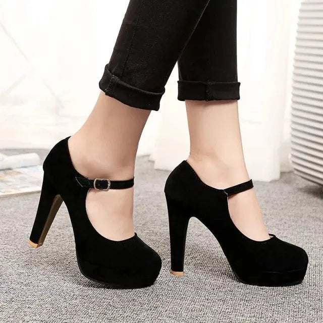 Black buckle Mary Jane high heel shoes with chunky heel and rubber sole, super high heel above 8cm
