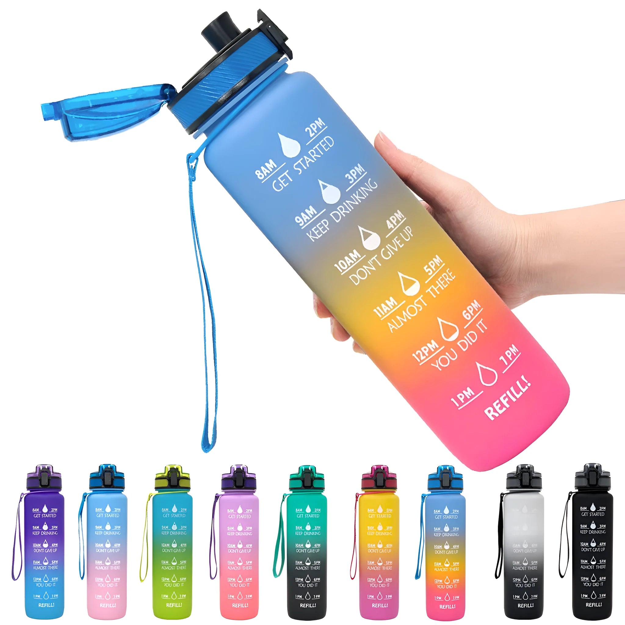 1 litre Tritan water bottle with time markers and gradient colour design