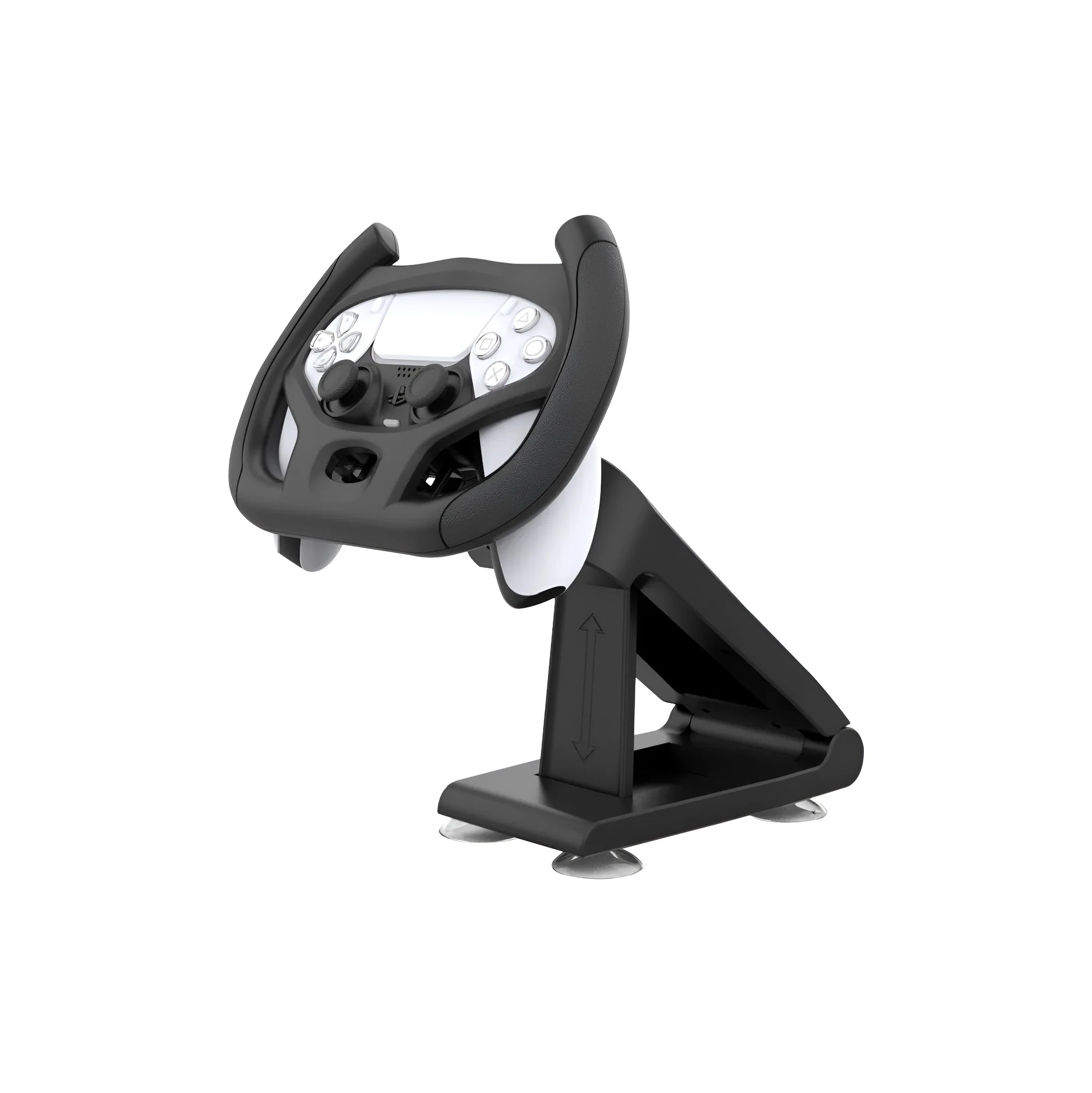 Black ABS gamepad steering wheel bracket with suction cup for mounting a mobile phone.