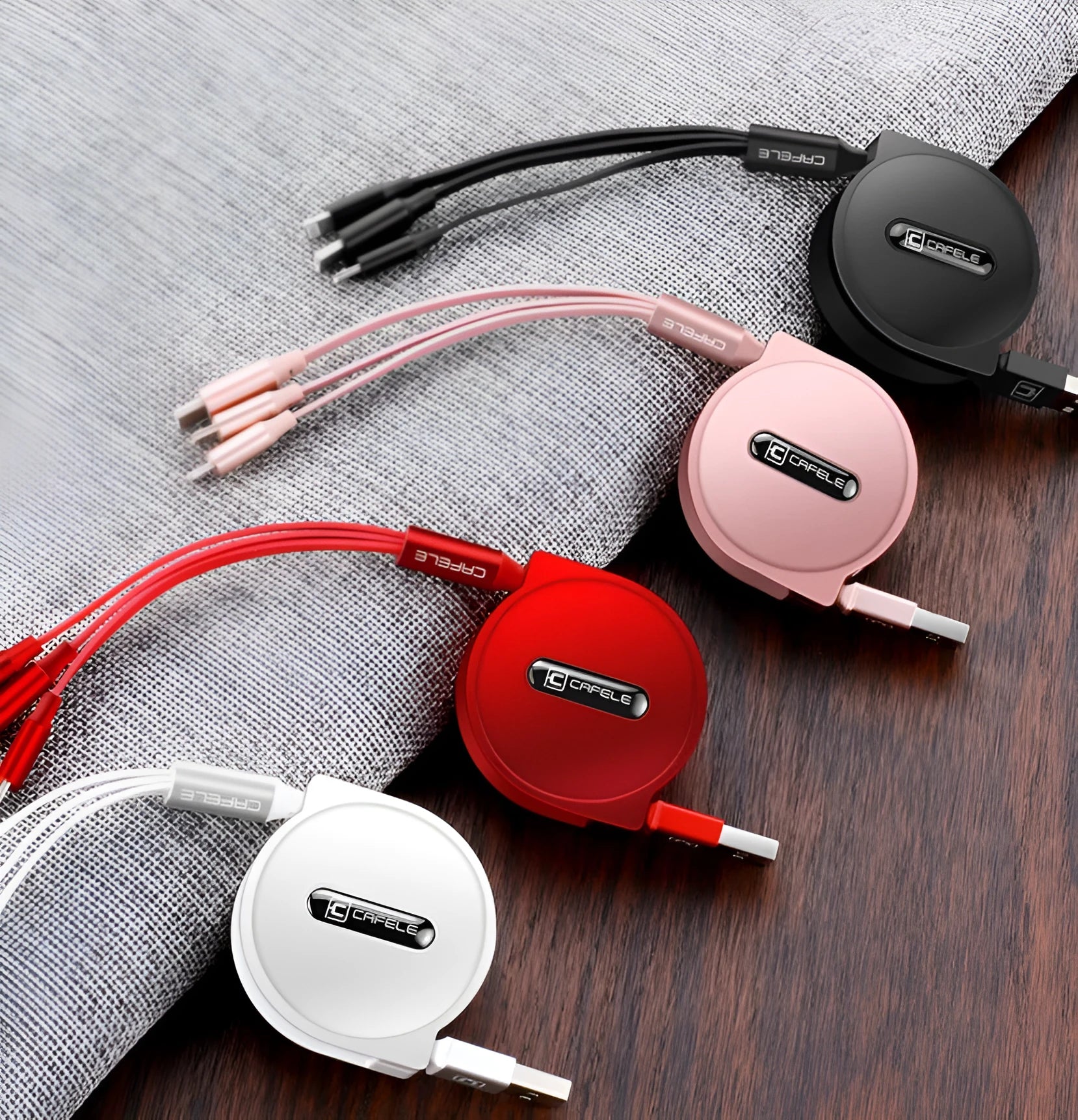 Three-in-one telescopic mobile phone fast charging data line with IOS Android Type-C connectors in black colour