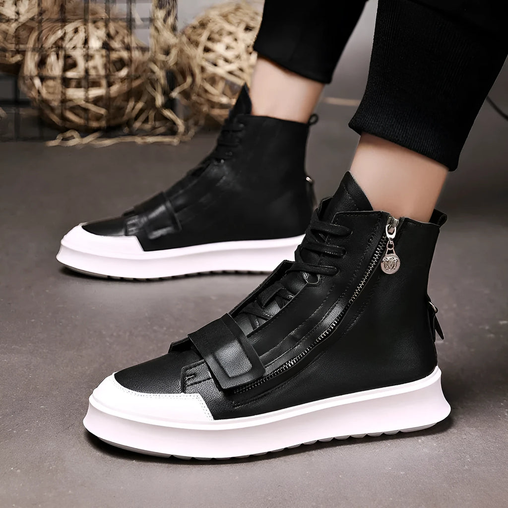 Men's black PU leather high-top ankle boot on a white background, showing sneaker-style design.