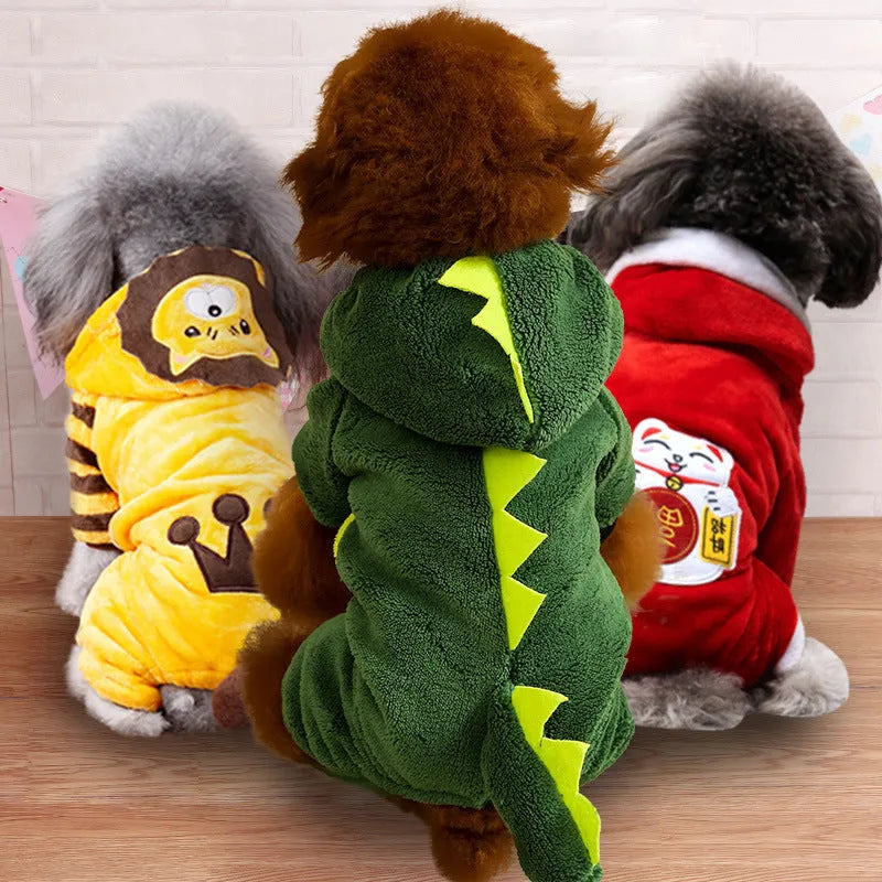 Dog wearing a coral fleece four-legged costume in cartoon animal style, available in sizes XS to 2XL