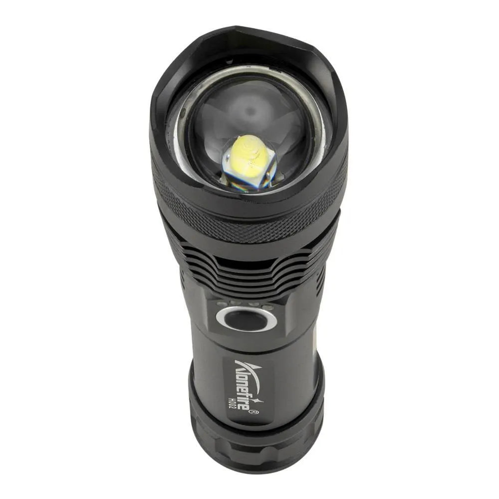 Black aluminium alloy LED flashlight with zoom lens on plain background