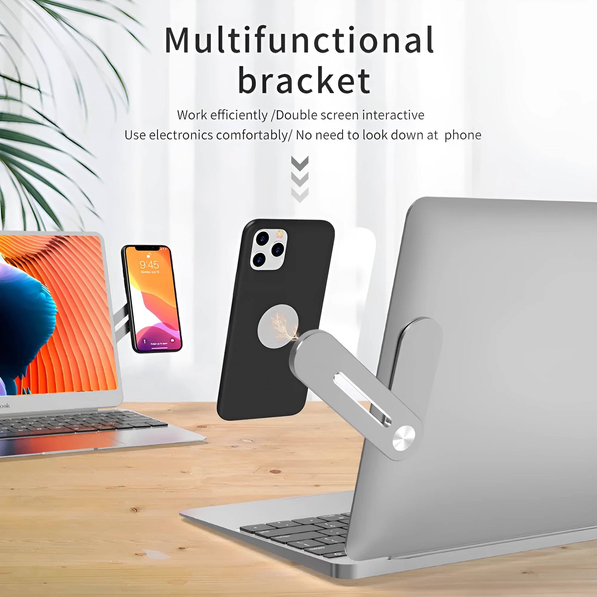 Silver aluminium alloy laptop side mount bracket holding a smartphone next to a laptop.