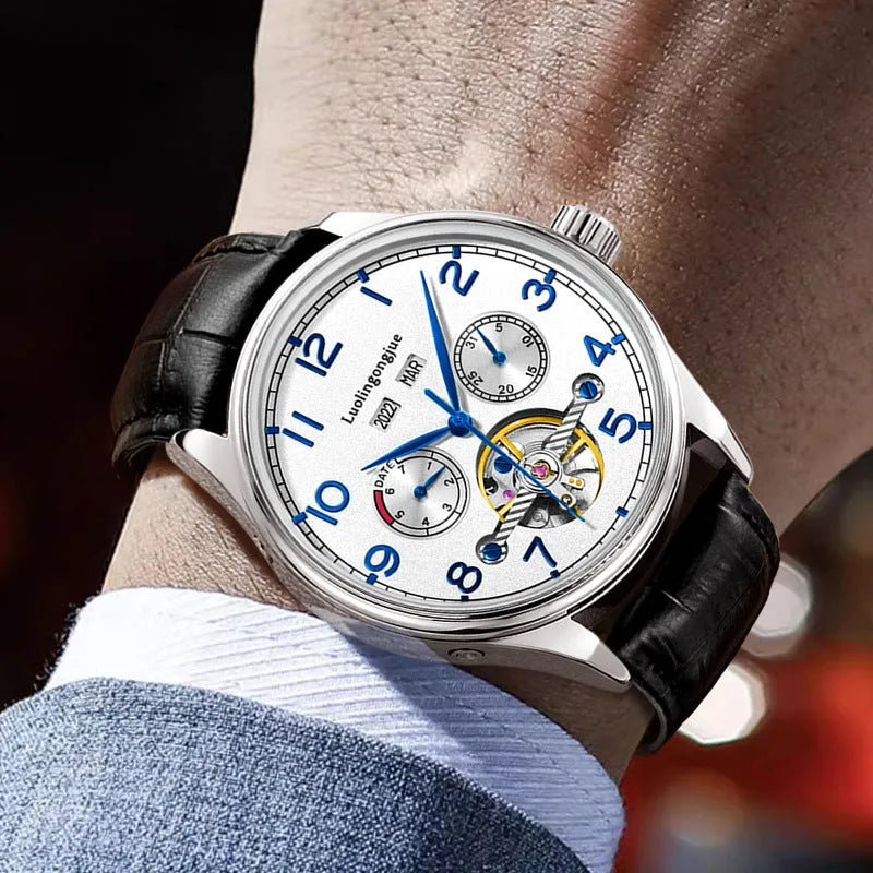 Men's silver and black business mechanical watch with leather strap and sapphire glass.