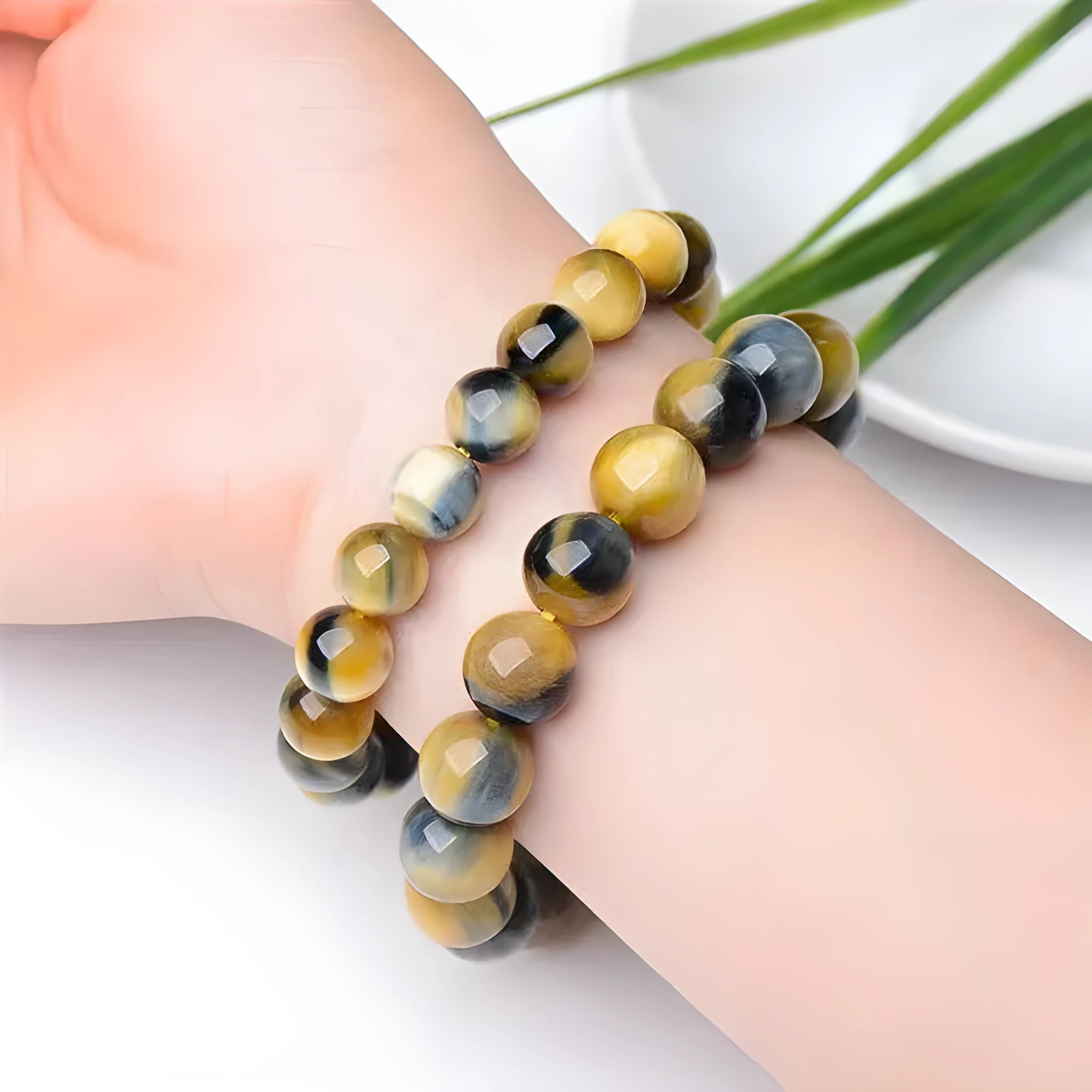 Handmade fantasy tiger eye agate bracelet with geometric round beads in natural stone patterns