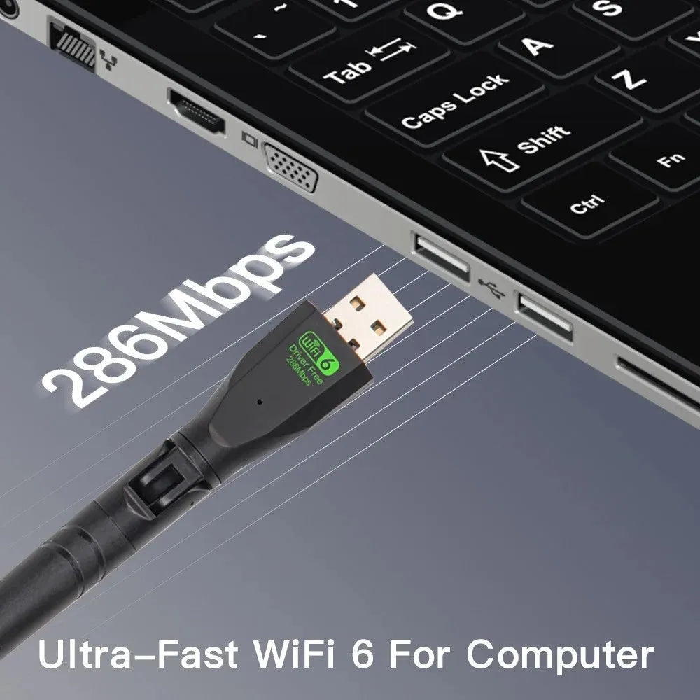 Black USB WiFi 6 wireless network card for desktop and laptop computers.