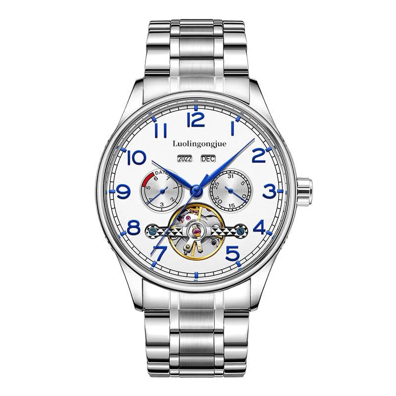 Men's silver and black business mechanical watch with leather strap and sapphire glass.