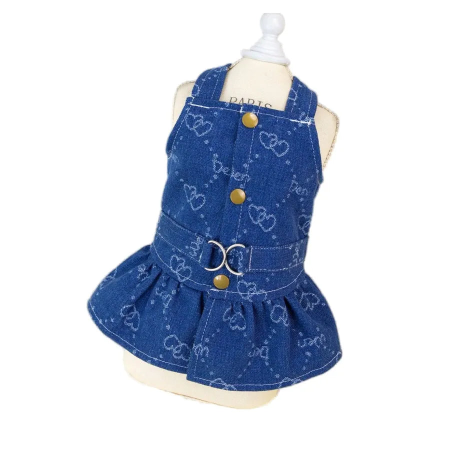 Blue denim princess dress for small dogs with bracket-skirt styling option