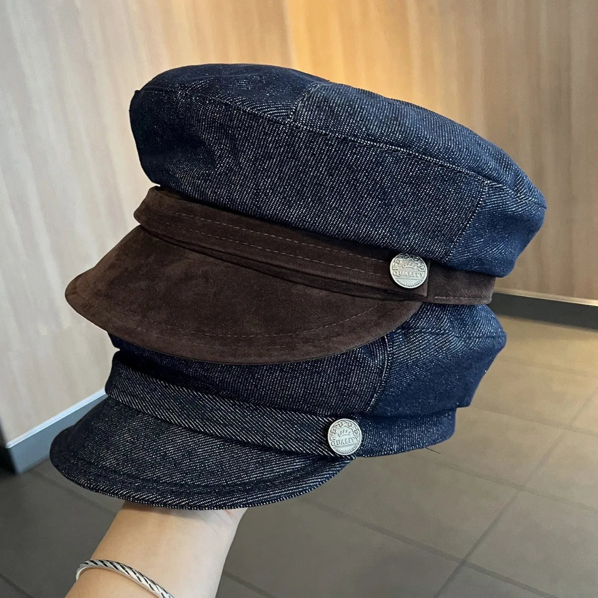 Adjustable denim octagonal newsboy hat in dark blue with coloured brim options