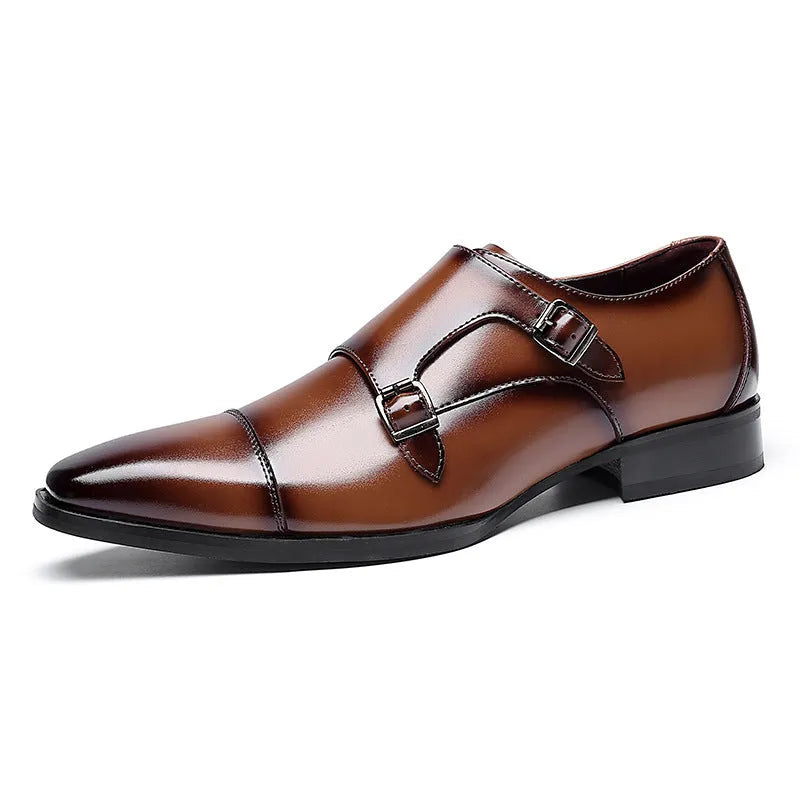 Men's black and light brown square toe leather business shoes with rubber soles