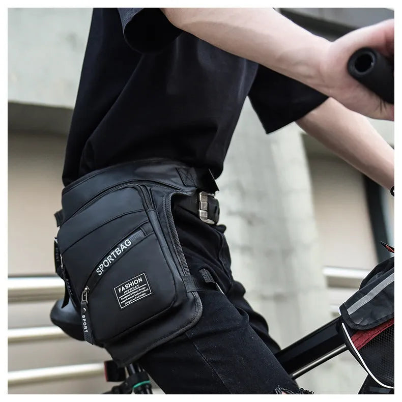 Men's black cycling leg crossbody bag with waterproof nylon construction