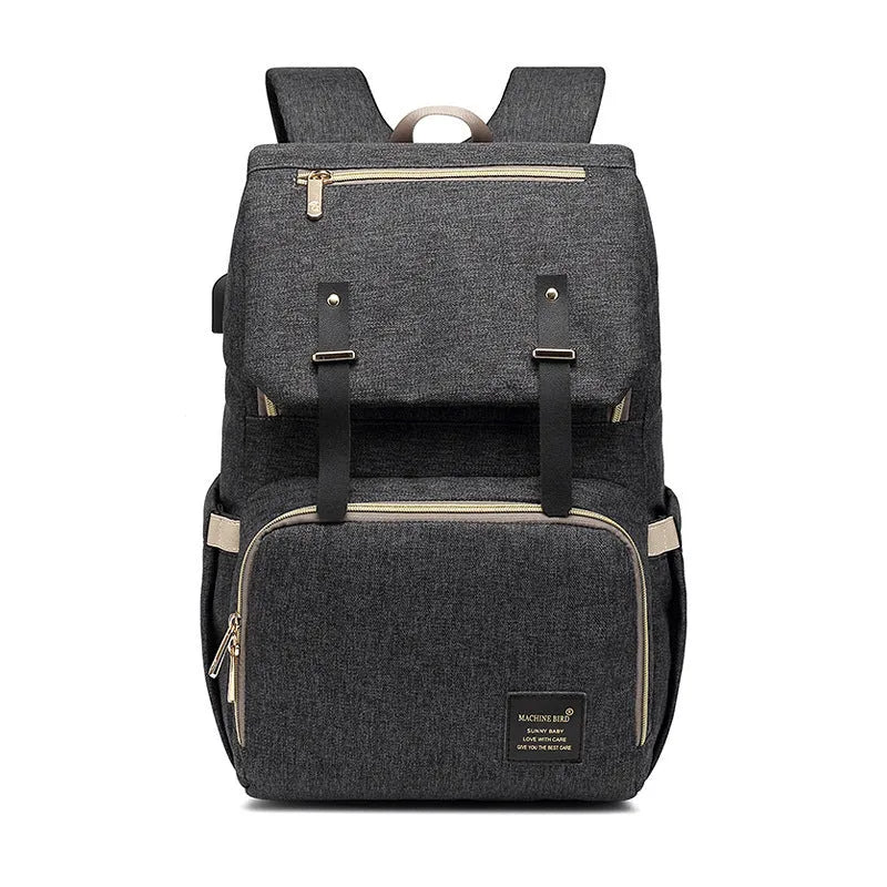 Grey white double shoulder mummy bag with bottle, stroller hooks, and multiple pockets for baby essentials