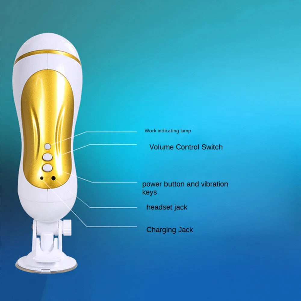 White electric sound masturbator cup for men, hands free silicone USB rechargeable male sex toy