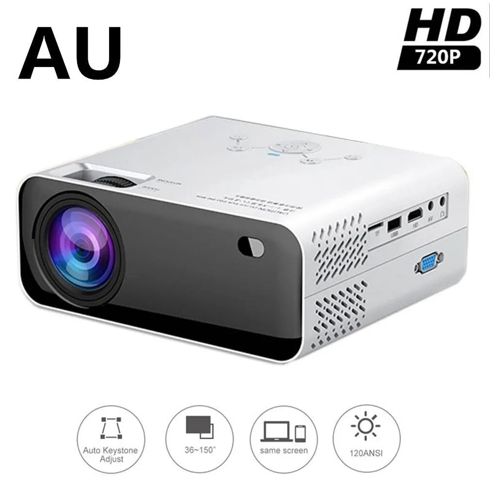 White LCD home office projector with manual focus and keystone correction on a desk