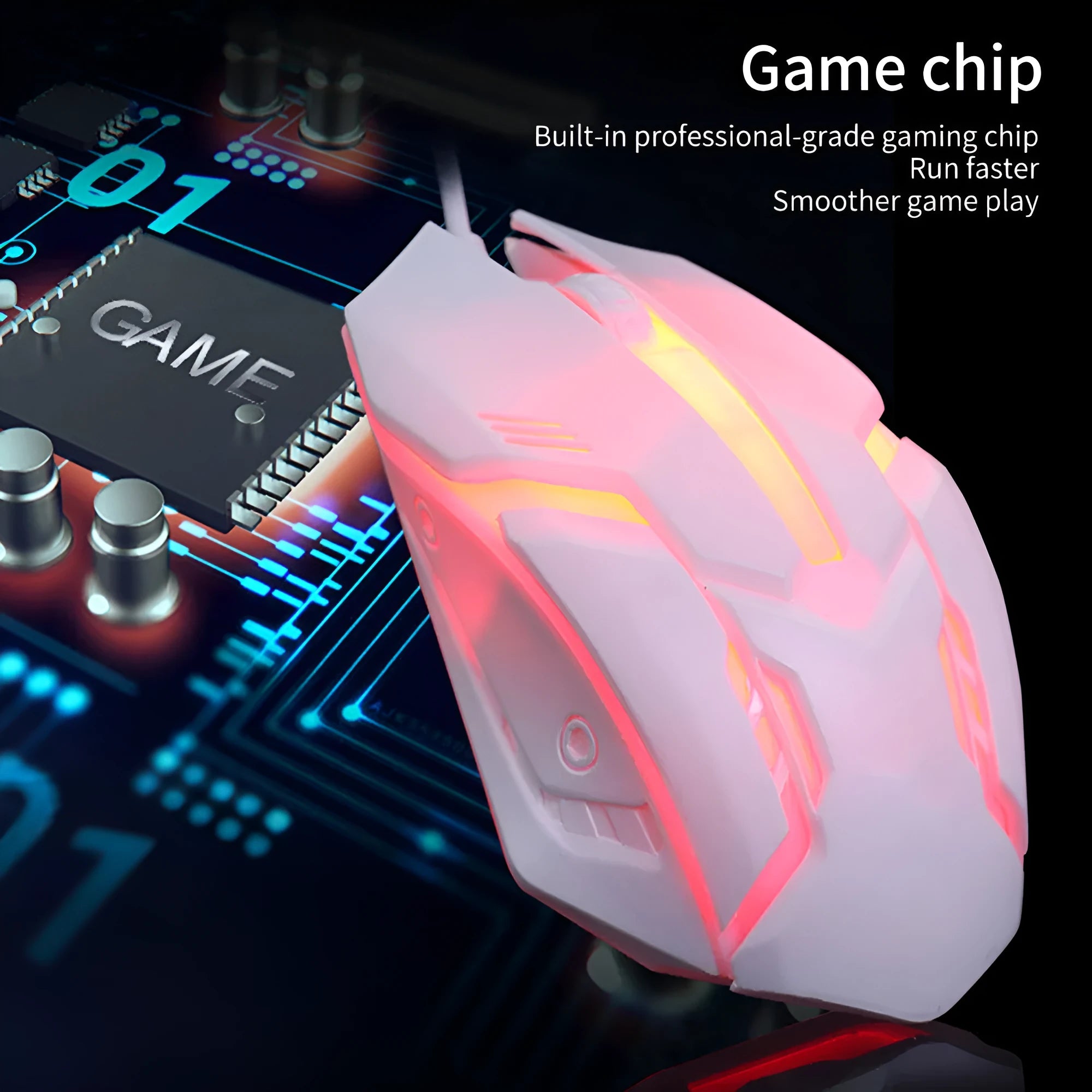 Black and white wired computer mouse with colourful luminous glow effect and USB cable
