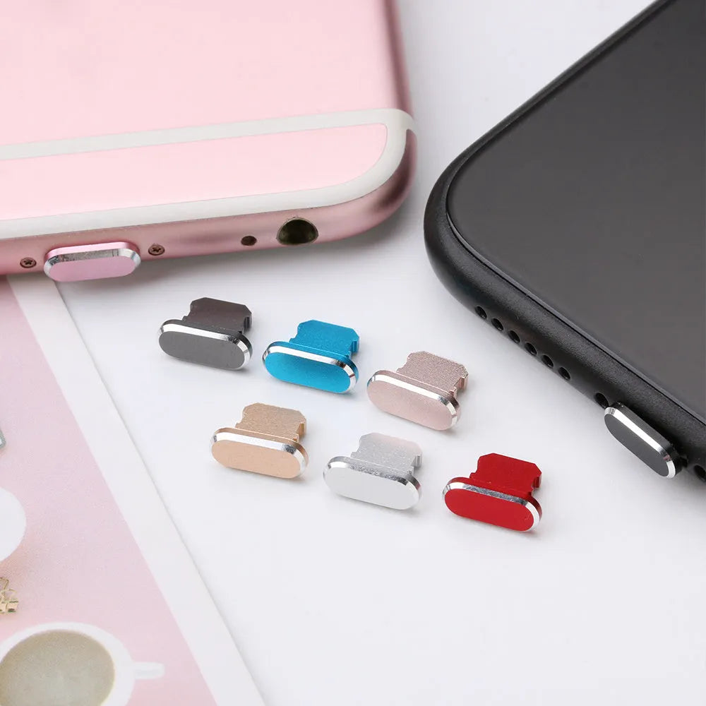 Aluminium alloy dust plug for iPhone charging port in various colours.