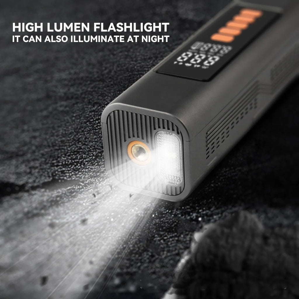Compact wireless digital tyre pressure inflator with display showing pressure units
