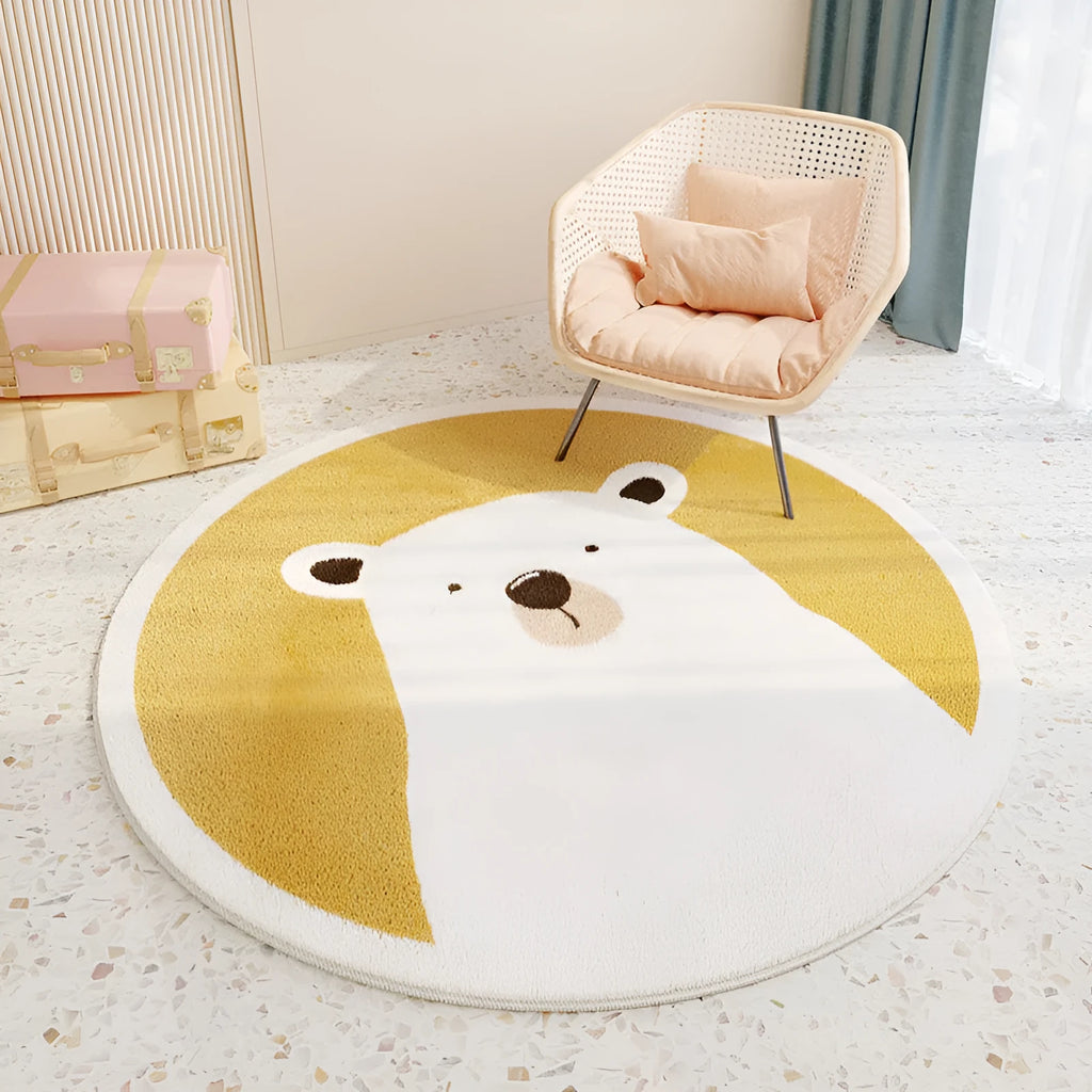 Round floor mat with printed cartoon design in polyester fibre, non-slip backing, available in sizes from 60cm to 200cm