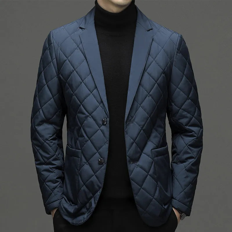 Man wearing a solid colour thick lapel down jacket with side seam pockets.