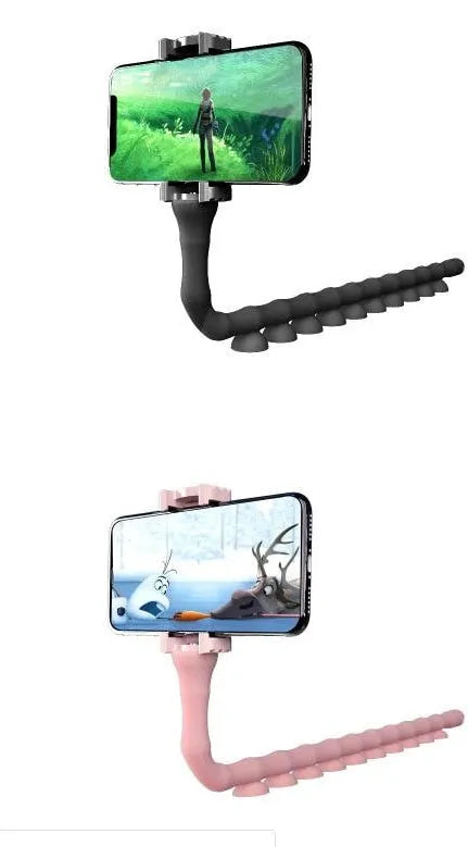 Flexible rubber phone holder with suction cup wrapped around bicycle handlebar