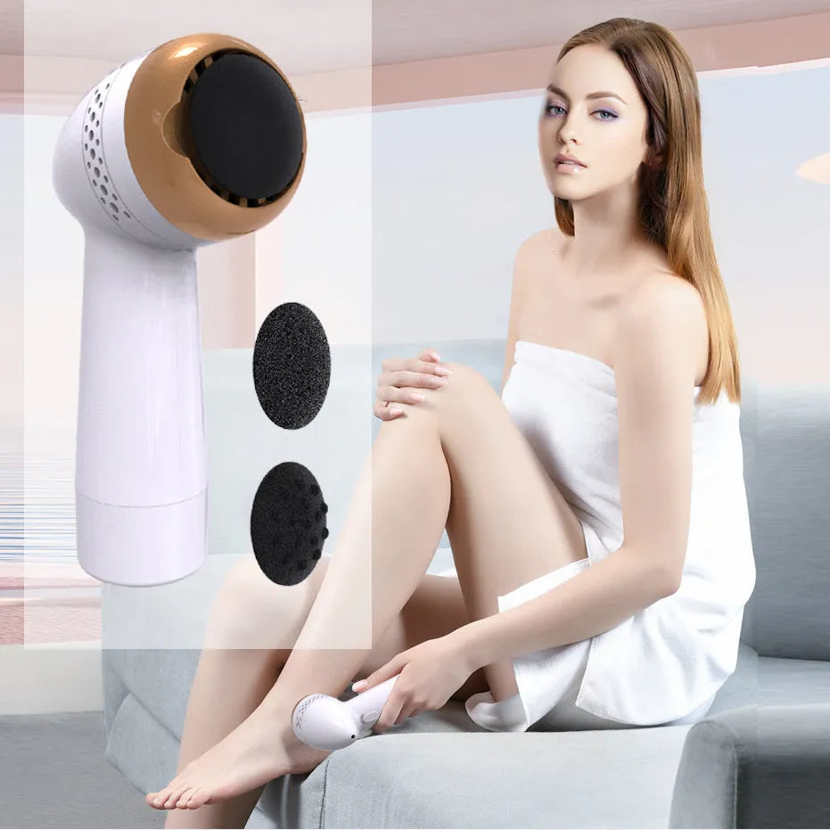 Electric foot grinder with refined quartz grinding head in gold, silver, and pink finish options.