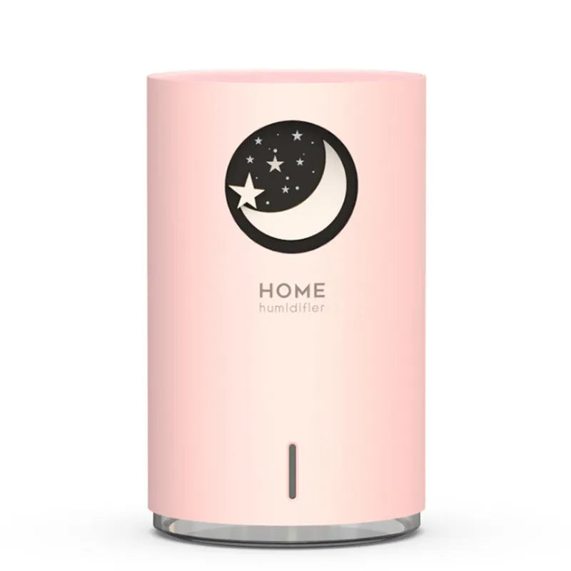 USB humidifier model M107+ by HOME, 700ml capacity, 167x102x102mm, 5V 1A input, shown in Pink or White