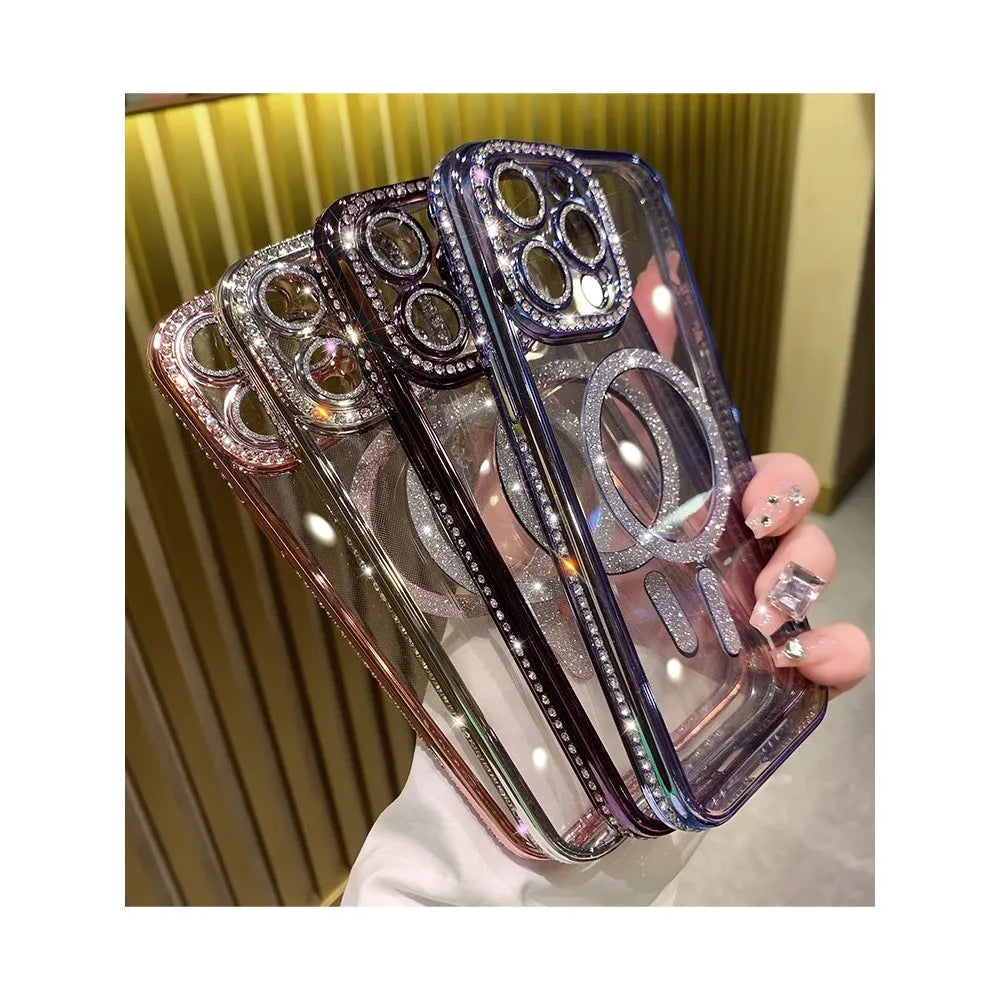 Wireless magnetic iPhone case in deep purple colour with electroplated design on a table.