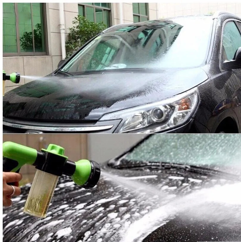 High pressure foam spray gun with eight spray patterns in green, yellow or black with water pipe