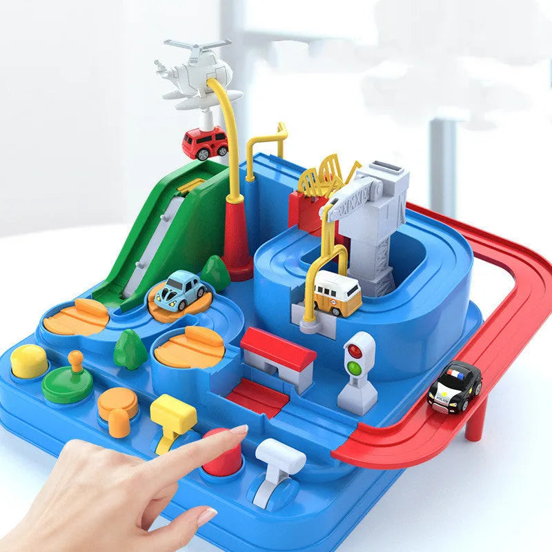 Adventure parking lot plastic toy car track set with manual remote control handle