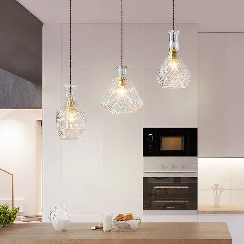 Modern simple glass bottle fishing line chandelier with adjustable height 1.2m and button switch for living room