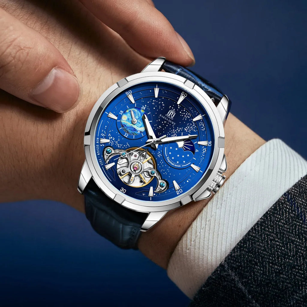 Men's blue automatic mechanical watch with 14mm thickness, model 885b.
