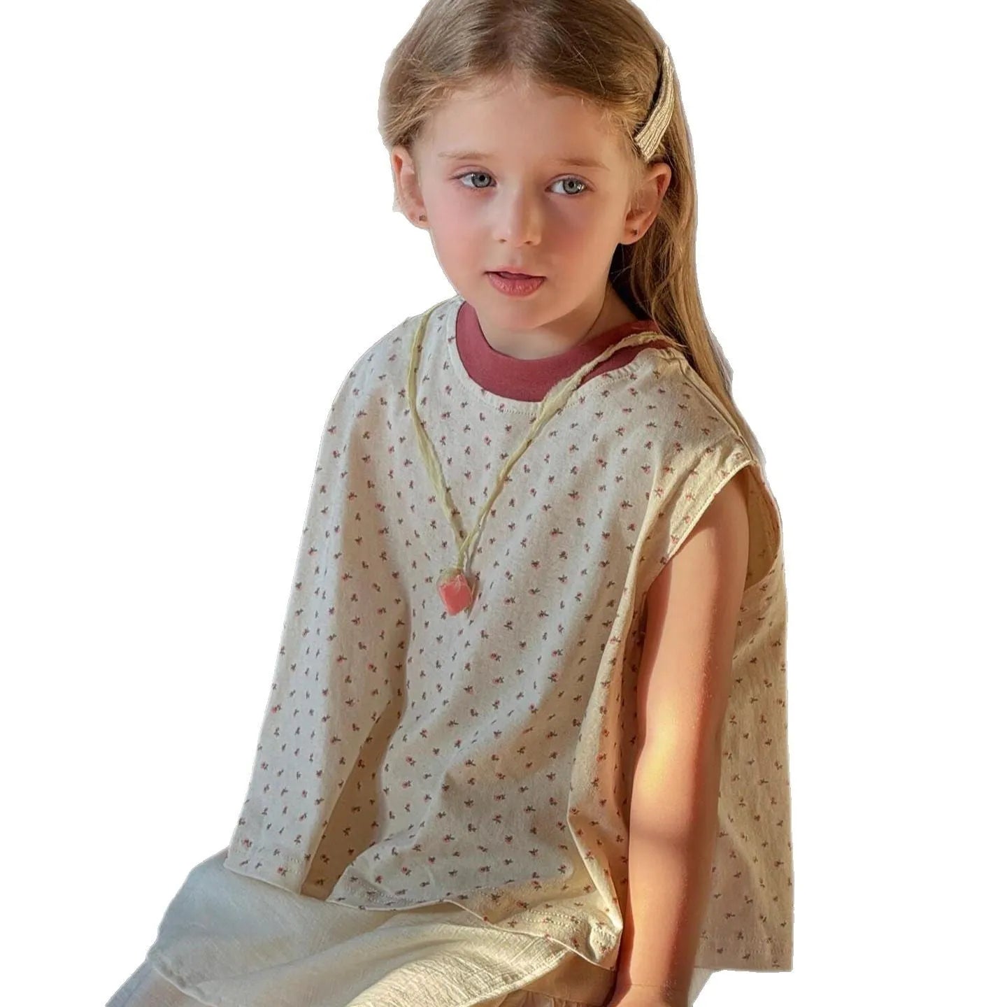 Pink girls floral sleeveless round neck cotton vest top, Korean style