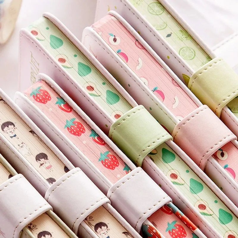 Fruit print notebook planner with magnetic buckle, PU cover, A6 size, eight colour variants including lemon and strawberry