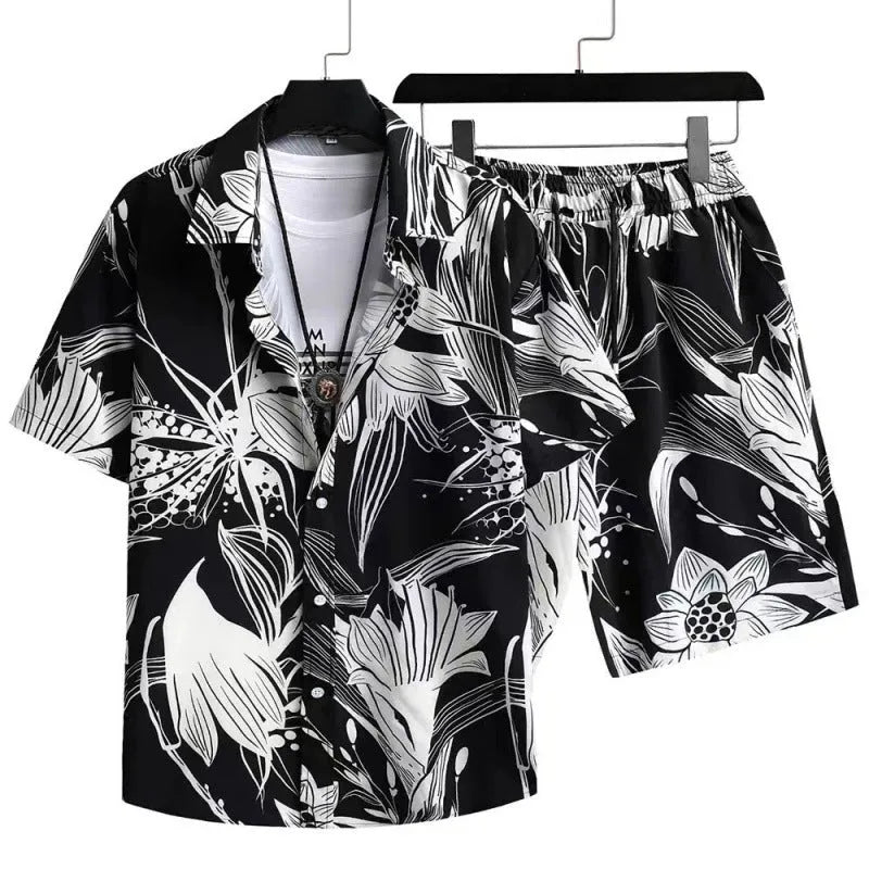 Man wearing a grey digital print short sleeve cardigan and matching shorts from a casual lounge suit set.