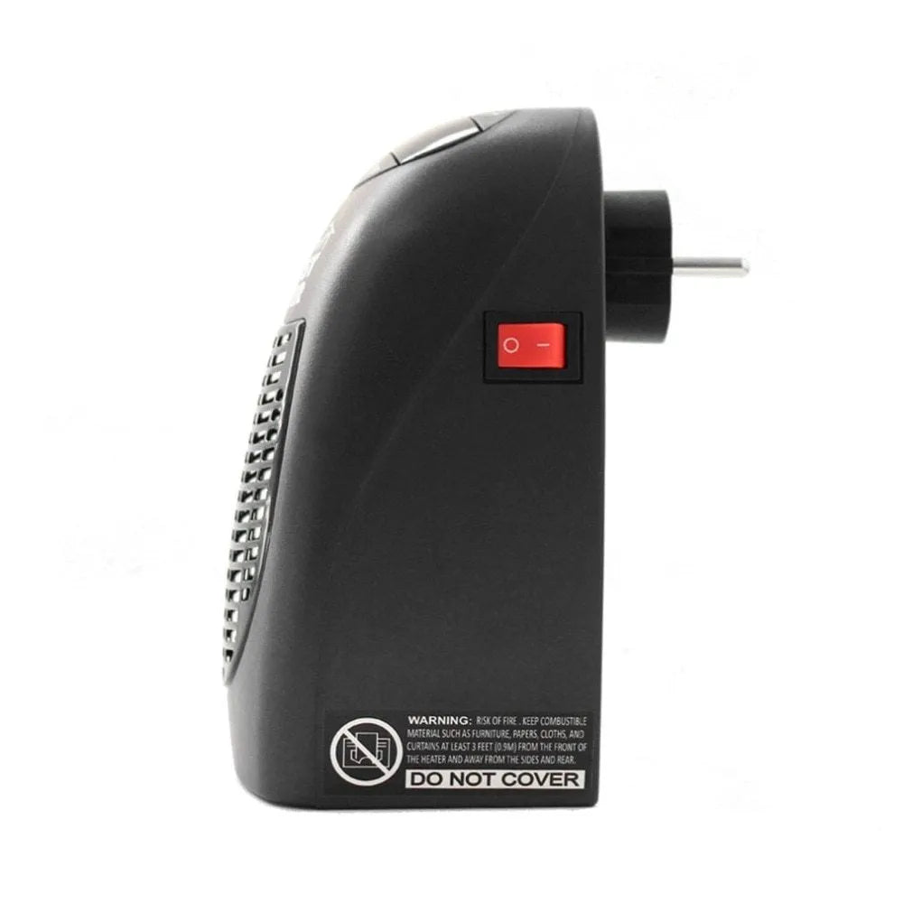 Black mini electric ceramic heater with digital display and a rotating three-prong plug on a desk.