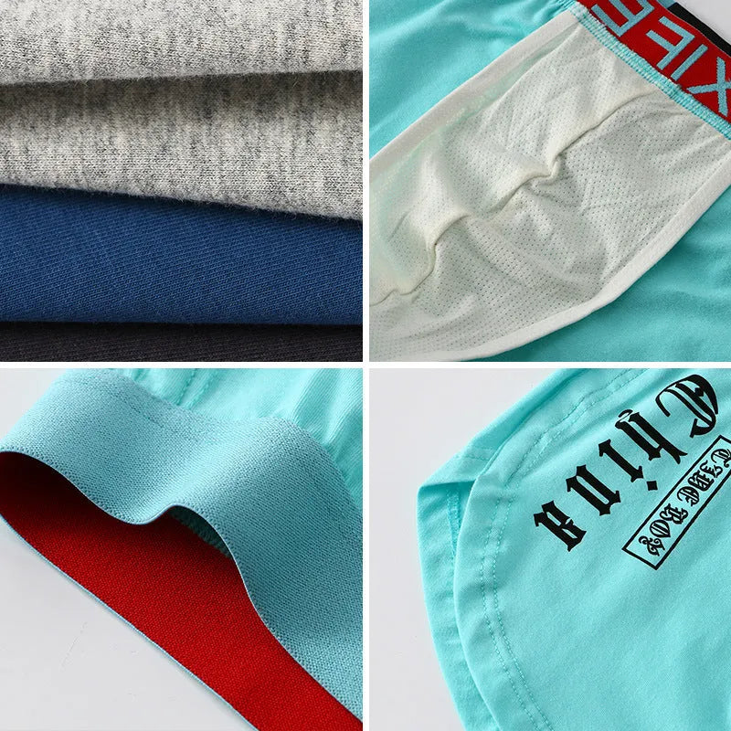 Men's loose fit cotton boxer briefs in multiple colours on a white background.