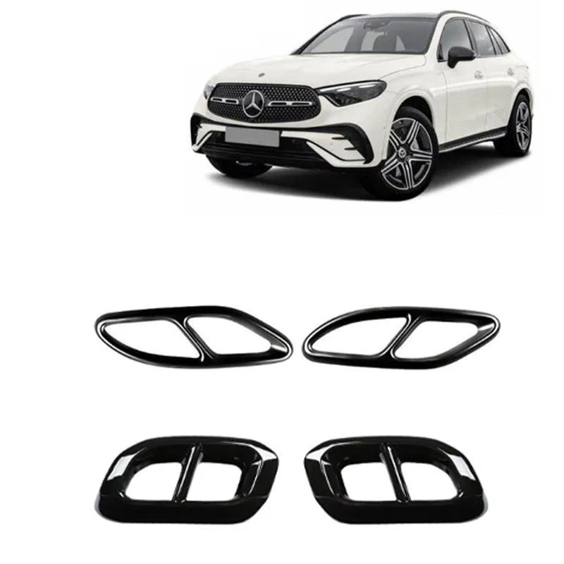 Aluminium alloy tailpipe cover for Mercedes-Benz A Class in silver finish with metallic sheen on exhaust pipe