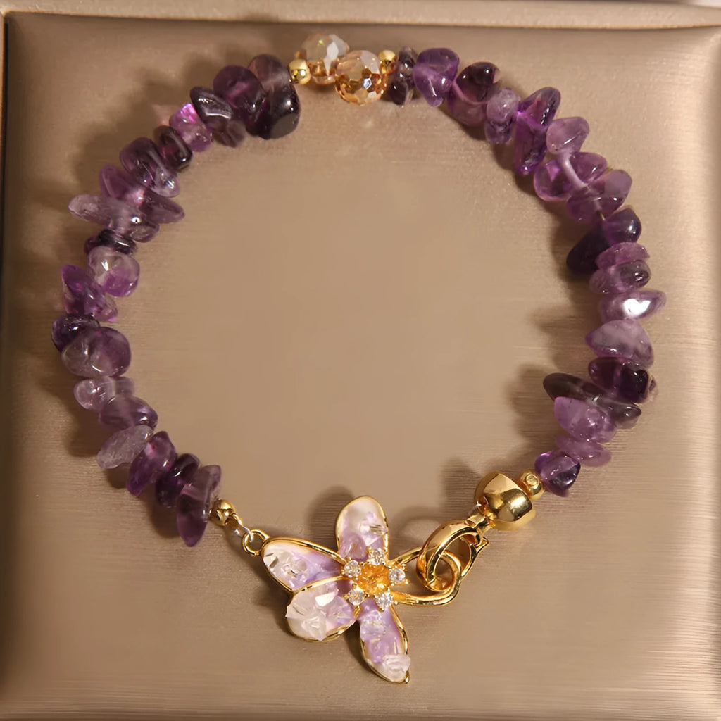 Crystal gravel wisteria flower bracelet in purple with alloy inlay and artificial gemstone details for women