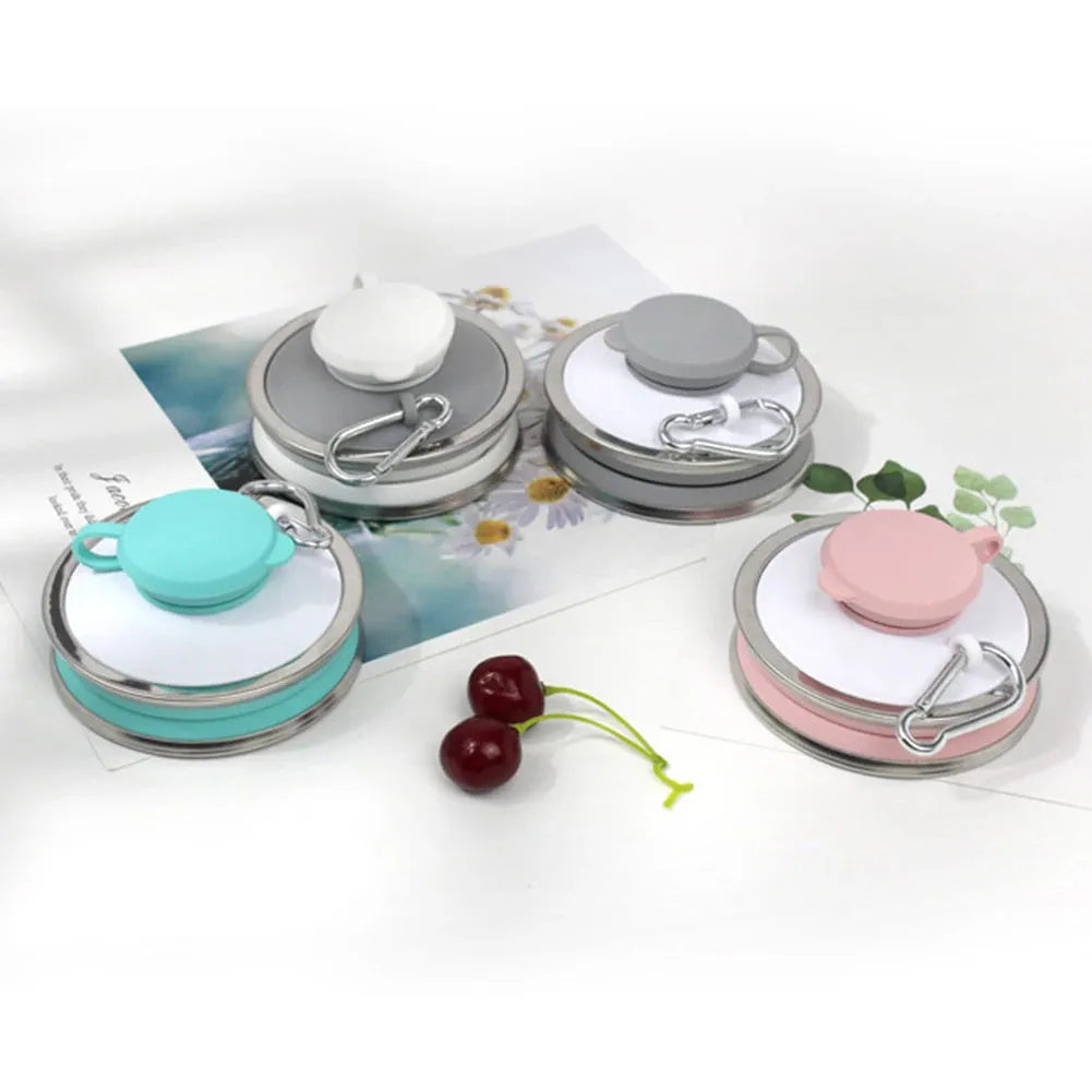 500ml silicone collapsible water bottle cup shown both expanded and folded with stainless steel rim