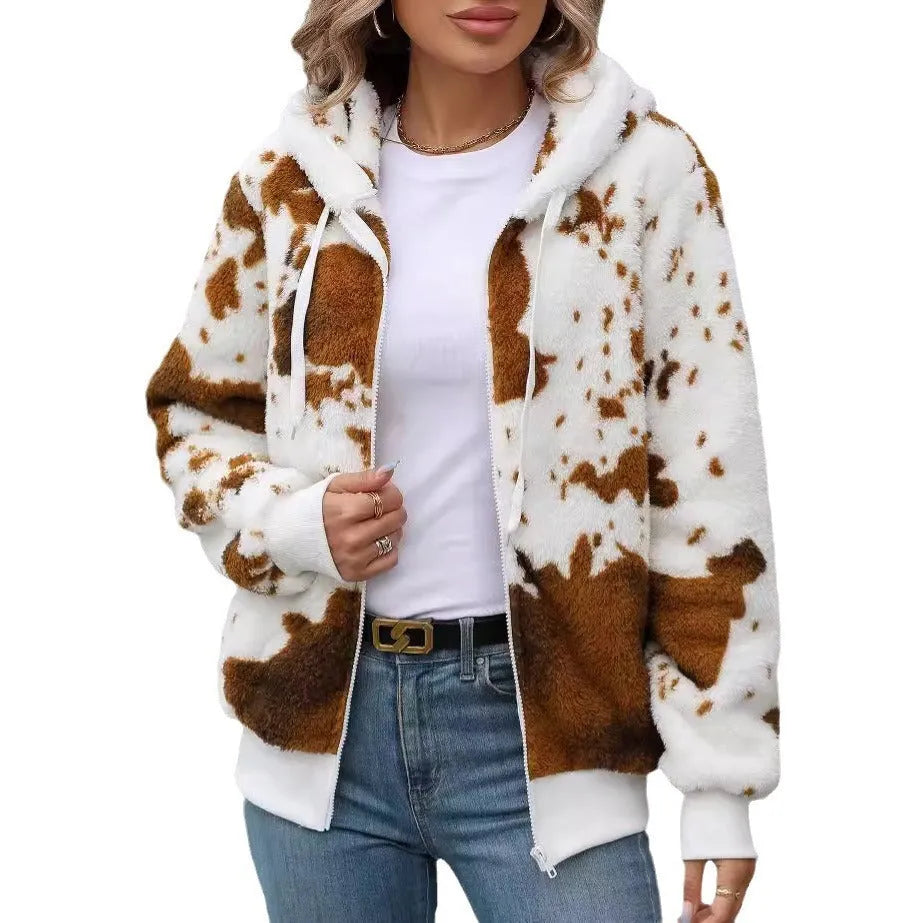 Yellow brown cow animal print hooded cardigan jacket with full zipper and regular sleeves