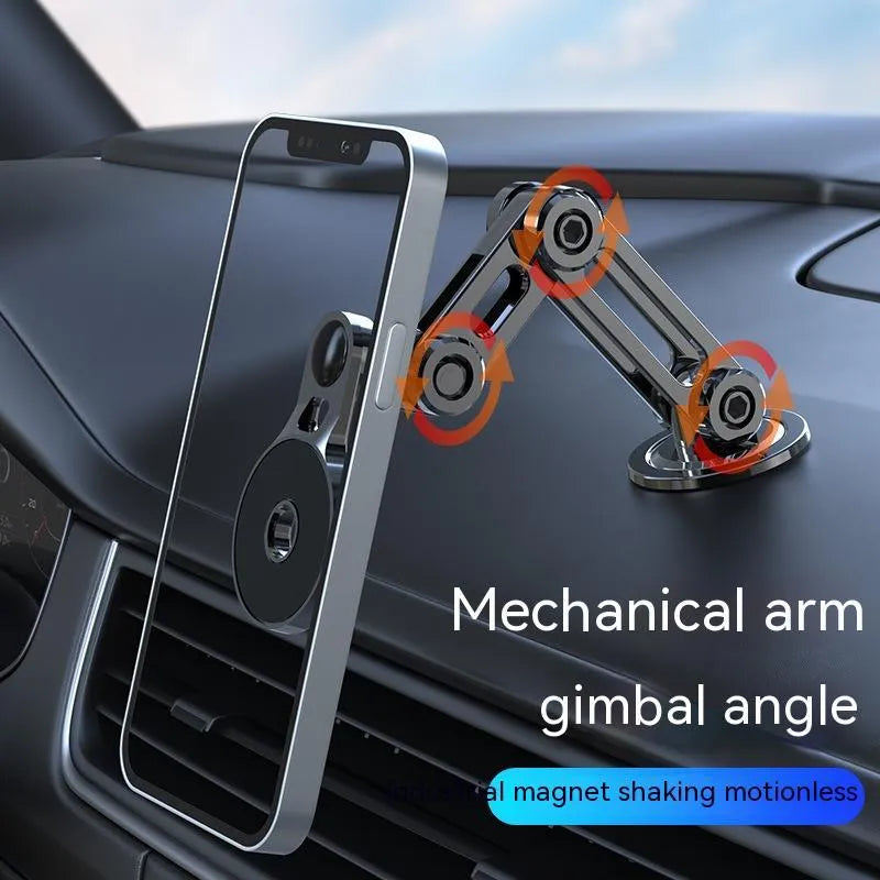 Black magnetic suction car phone holder on dashboard with mobile phone attached