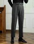 Grey high-waisted straight-leg casual trousers laid flat.