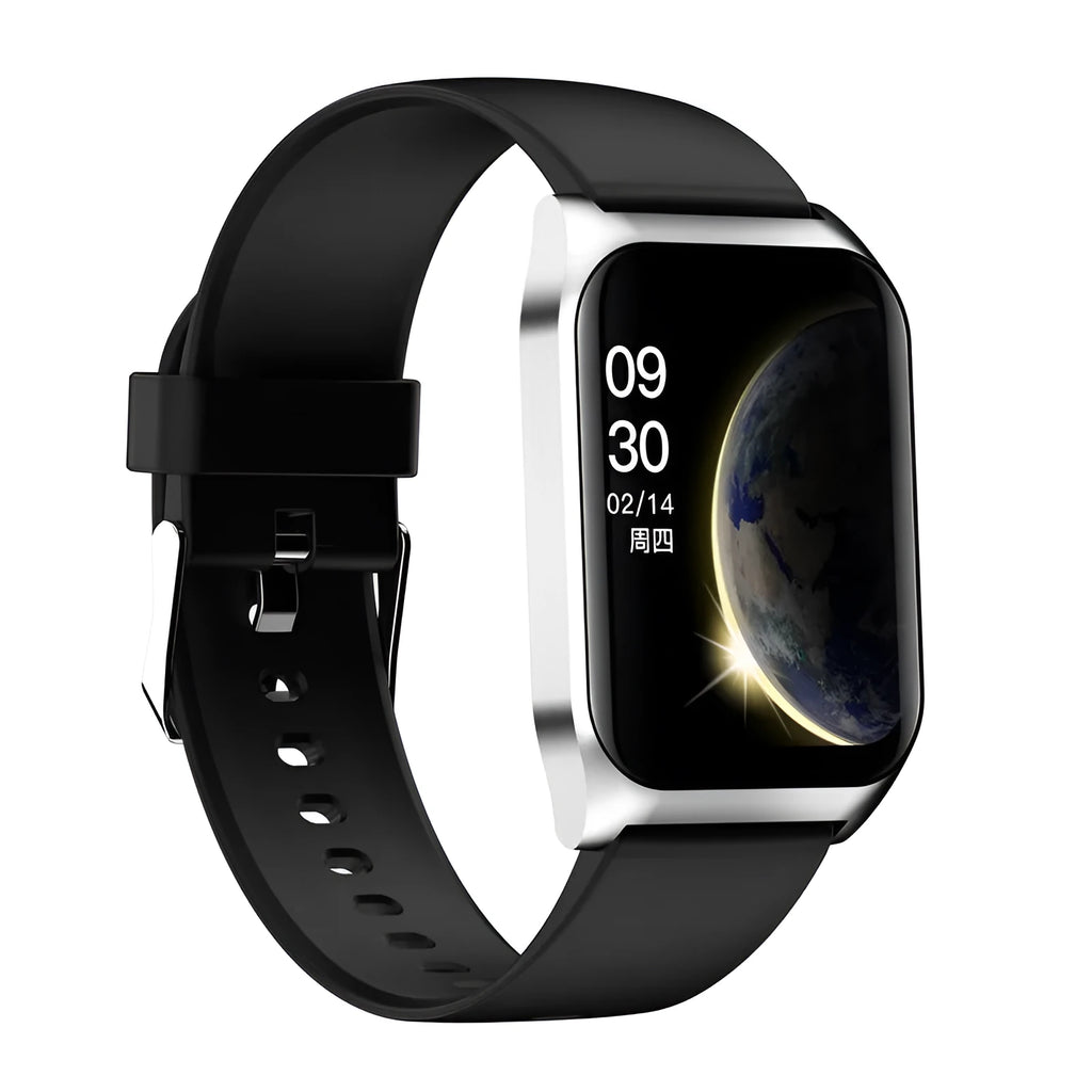 Black smart watch with heart rate monitor on a silicone strap, showing a 1.69-inch colour touchscreen display.