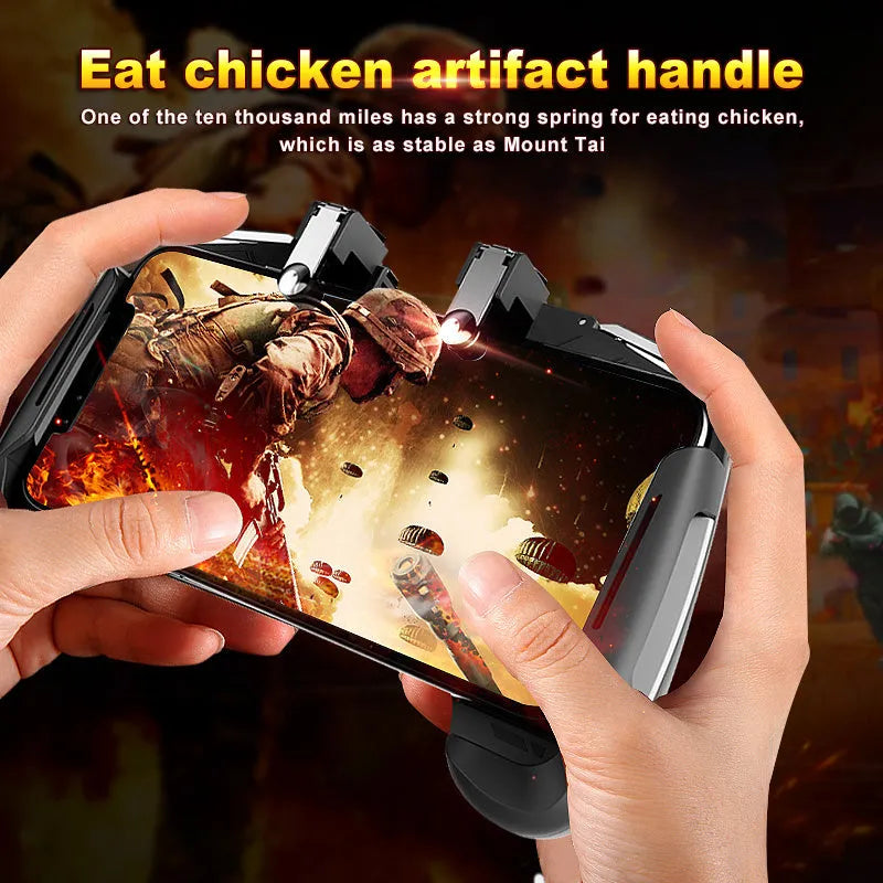 AK16 colourful extendable game controller holding a mobile phone, showing L1 and R1 trigger buttons.