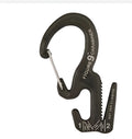 Small aluminum rope tightening mechanism with carabiner clip in black colour for camping and tarp use